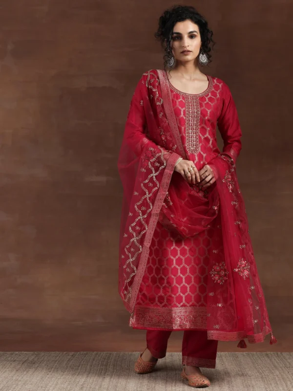 Pink Woven Design Silk Blend Straight Suit With Dupatta - Image 9