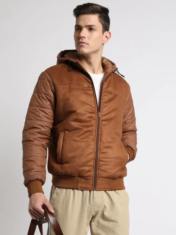 Men's Hooded Regular Fit Suede Solid Tan Jackets - Image 6