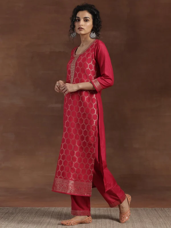 Pink Woven Design Silk Blend Straight Suit With Dupatta - Image 8