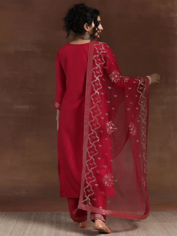 Pink Woven Design Silk Blend Straight Suit With Dupatta - Image 7