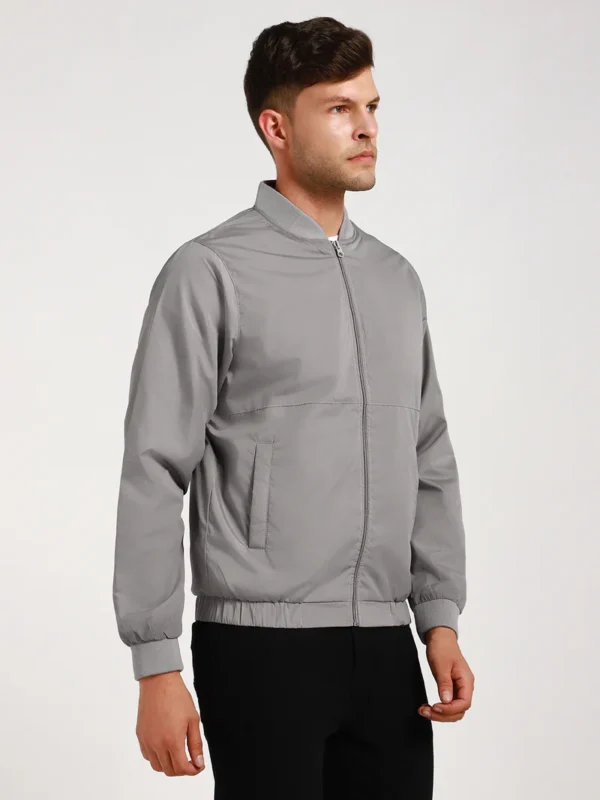 Men's Rib Collar Regular Fit Solid Grey Bomber Jacket - Image 5