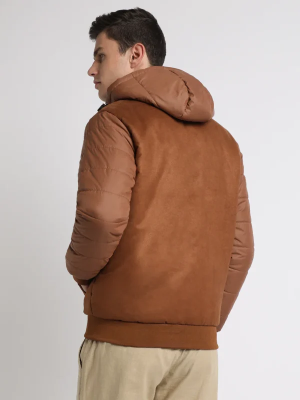 Men's Hooded Regular Fit Suede Solid Tan Jackets - Image 4