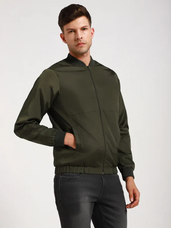 Men's Rib Collar Regular Fit Solid Green Bomber Jacket - Image 5