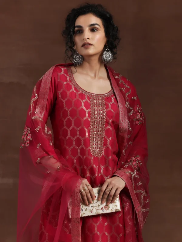 Pink Woven Design Silk Blend Straight Suit With Dupatta