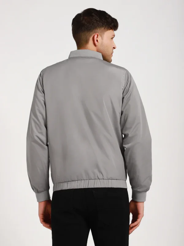 Men's Rib Collar Regular Fit Solid Grey Bomber Jacket - Image 4