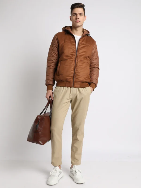Men's Hooded Regular Fit Suede Solid Tan Jackets - Image 3