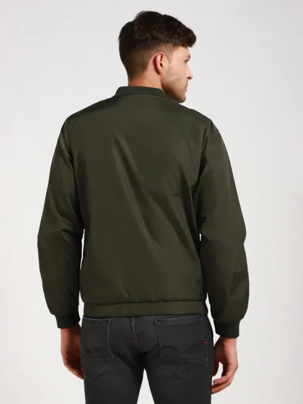 Men's Rib Collar Regular Fit Solid Green Bomber Jacket - Image 4