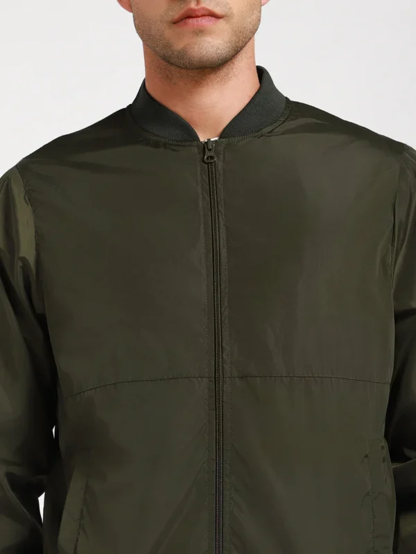 Men's Rib Collar Regular Fit Solid Green Bomber Jacket - Image 3