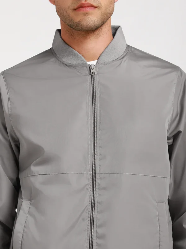 Men's Rib Collar Regular Fit Solid Grey Bomber Jacket - Image 3