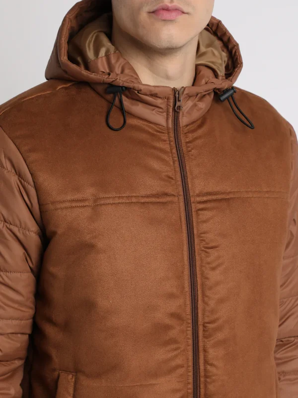 Men's Hooded Regular Fit Suede Solid Tan Jackets - Image 2