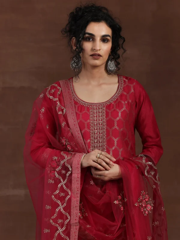 Pink Woven Design Silk Blend Straight Suit With Dupatta - Image 5