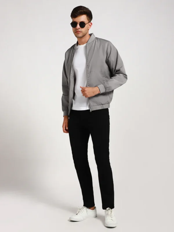 Men's Rib Collar Regular Fit Solid Grey Bomber Jacket - Image 2