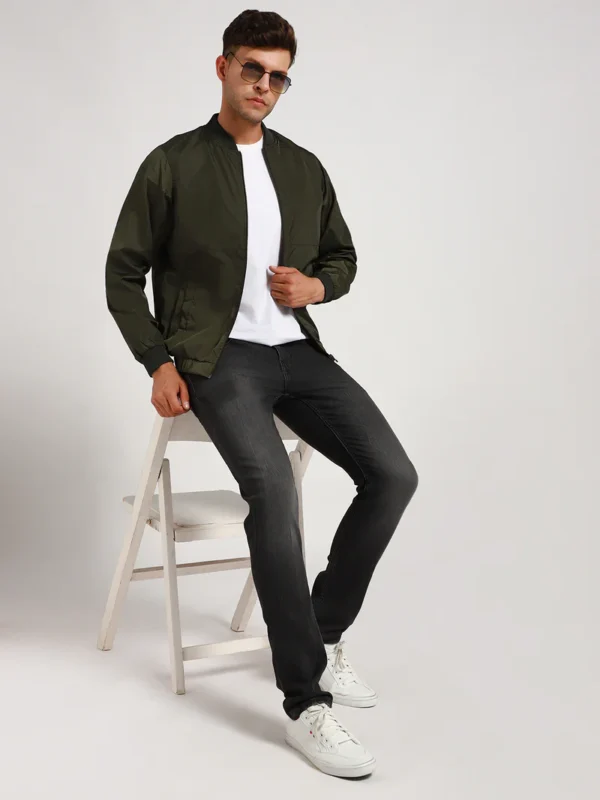 Men's Rib Collar Regular Fit Solid Green Bomber Jacket - Image 2