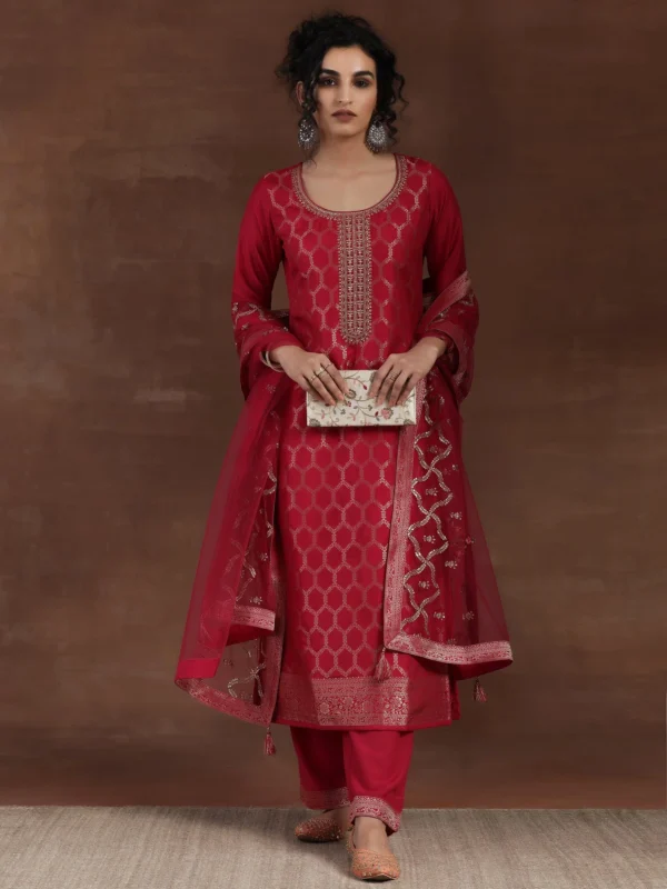 Pink Woven Design Silk Blend Straight Suit With Dupatta - Image 4