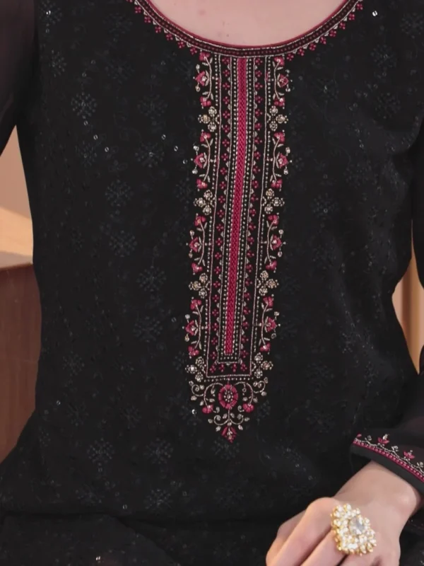 Black Embroidered Georgette Straight Suit With Dupatta - Image 6