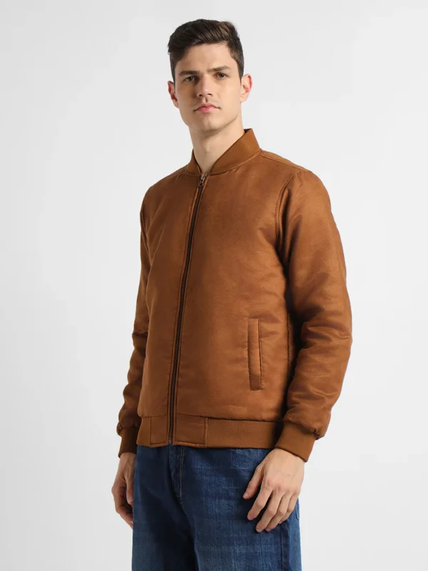 Men's Rib Collar Regular Fit Solid Tan Suede Bomber Jacket - Image 5