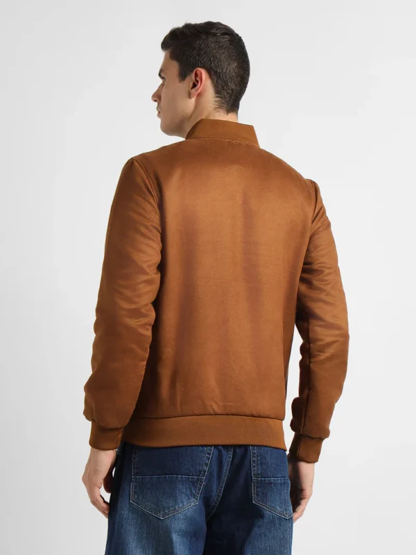 Men's Rib Collar Regular Fit Solid Tan Suede Bomber Jacket - Image 4