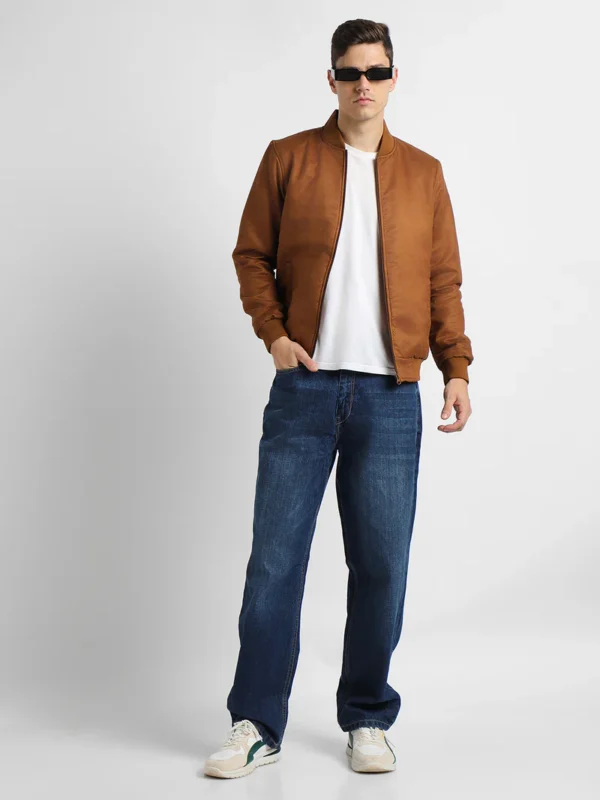 Men's Rib Collar Regular Fit Solid Tan Suede Bomber Jacket - Image 3