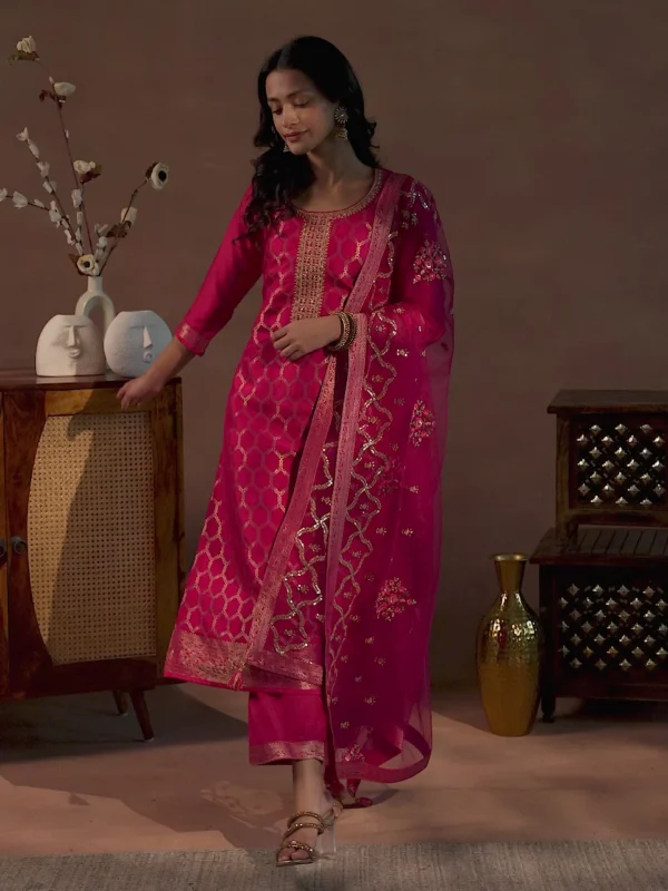 Pink Woven Design Silk Blend Straight Suit With Dupatta - Image 2