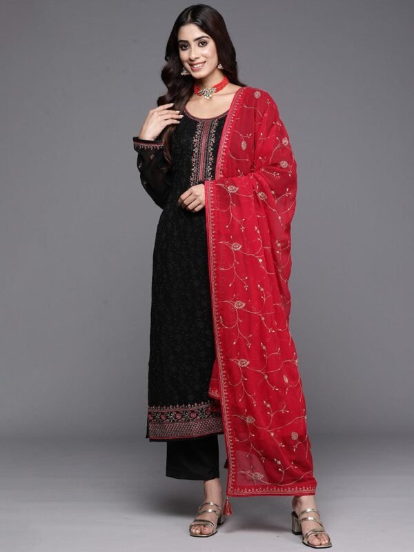 Black Embroidered Georgette Straight Suit With Dupatta - Image 5