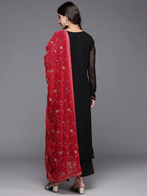 Black Embroidered Georgette Straight Suit With Dupatta - Image 3